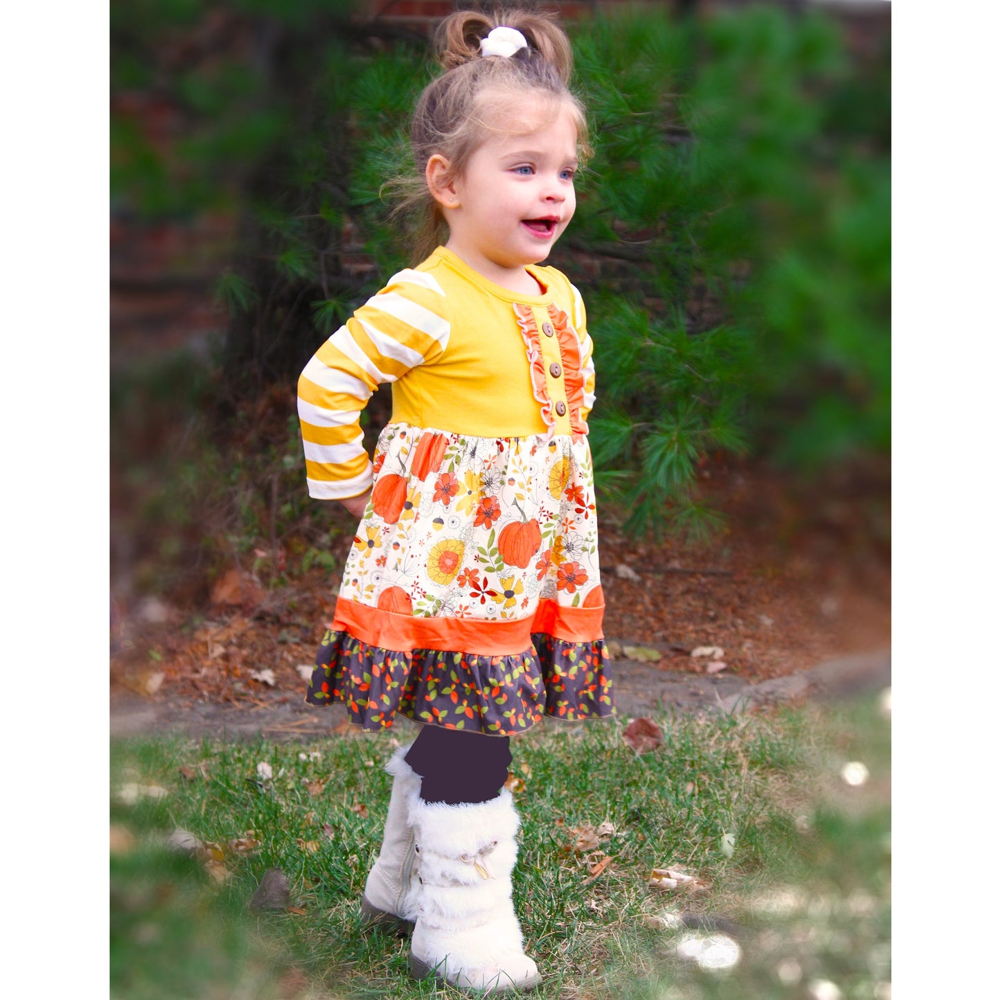 Girls Autumn Pumpkin Floral Cotton Knit Fall Long Sleeve Dress