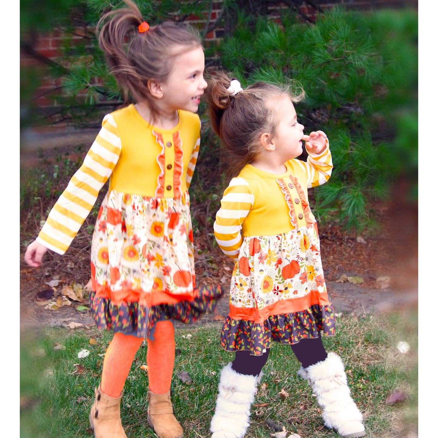 Girls Autumn Pumpkin Floral Cotton Knit Fall Long Sleeve Dress