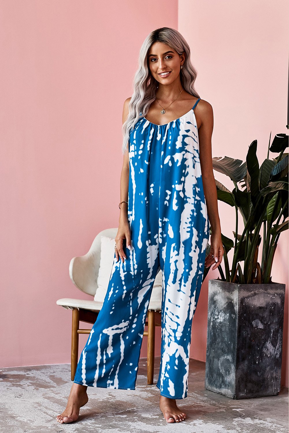 Casual Blue Spaghetti Strap Tie Dye Baggy Long Pants Romper