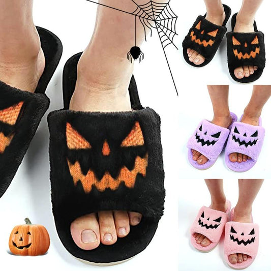 Halloween Pumpkin Soft Plush Cozy Open Toe Women Slides