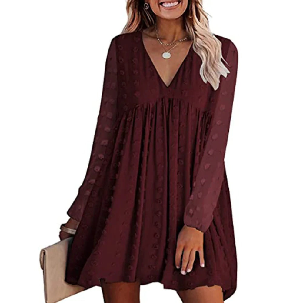 Womens V Neck Long Sleeves Flowy Dress