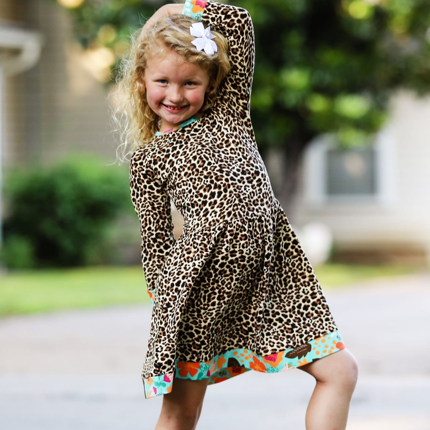 AnnLoren Little & Big Girls Long Sleeve Leopard Rose Fall Floral Dress