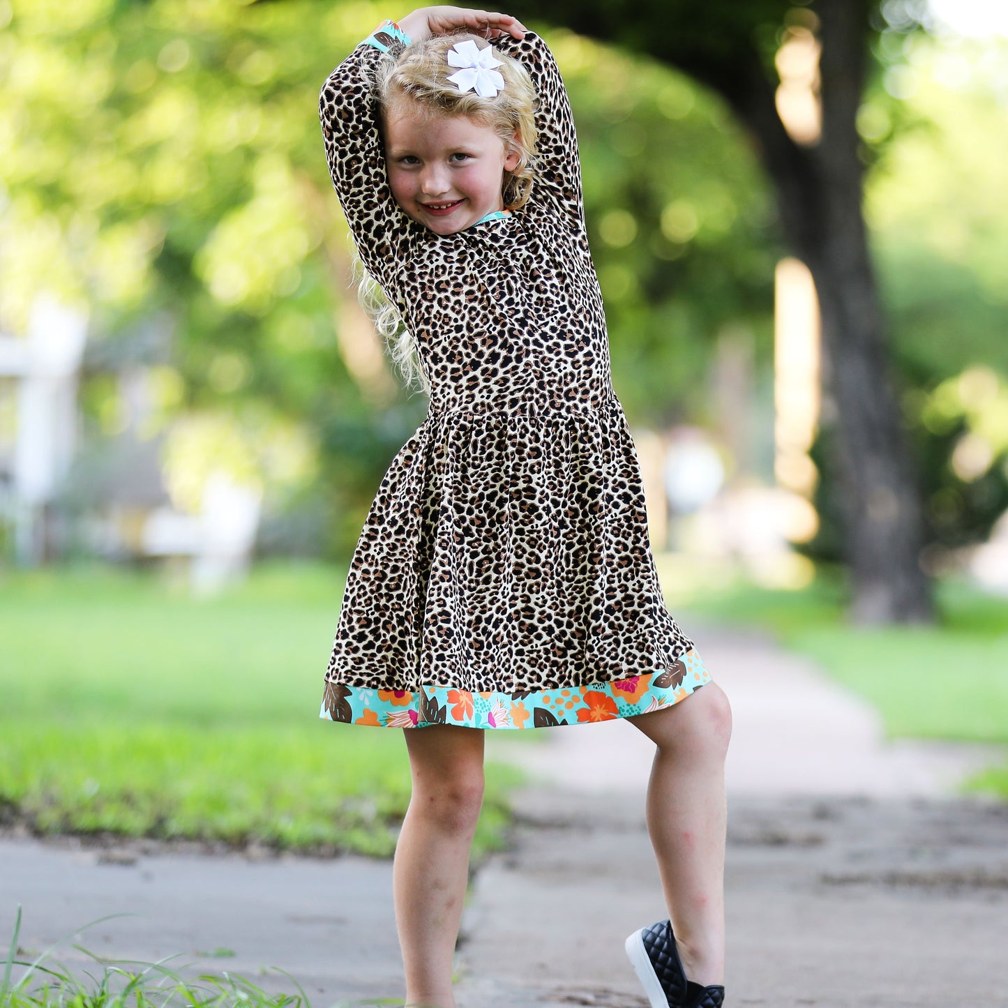 AnnLoren Little & Big Girls Long Sleeve Leopard Rose Fall Floral Dress