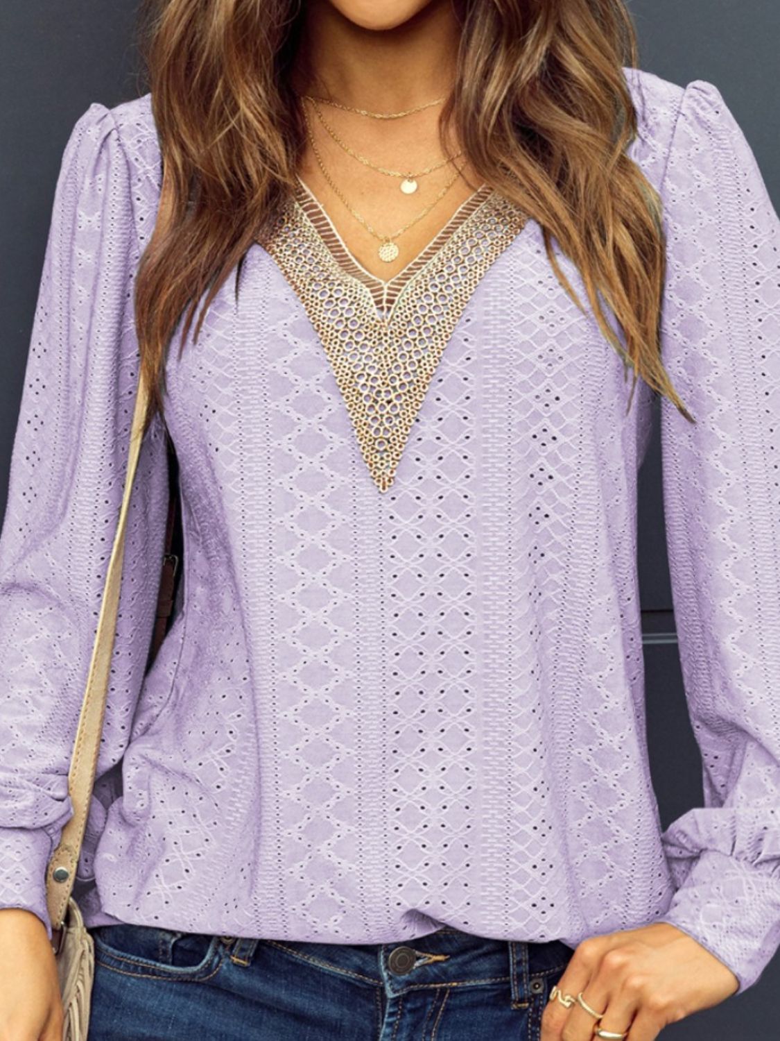 Eyelet V-Neck Long Sleeve Blouse