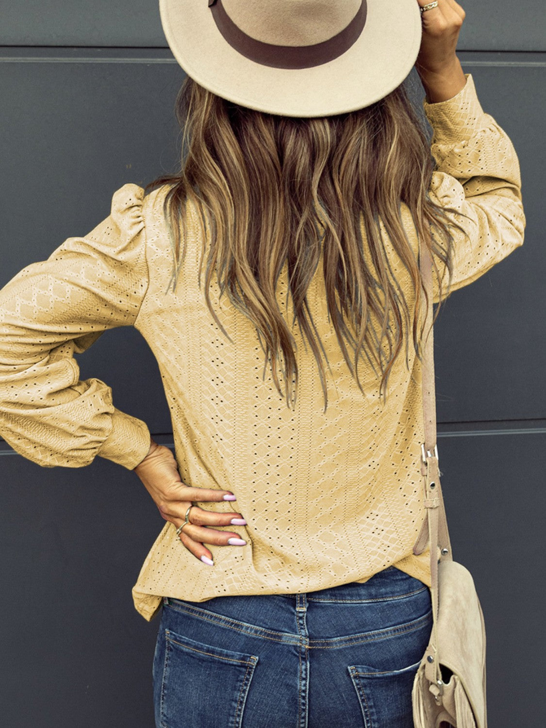 Eyelet V-Neck Long Sleeve Blouse